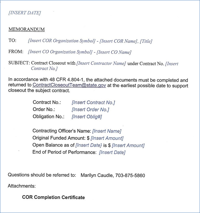 Title: Exhibit 573.5-15(a1) - Description: Sample CO Memorandum to COR Requesting Completion of Closeout Verification