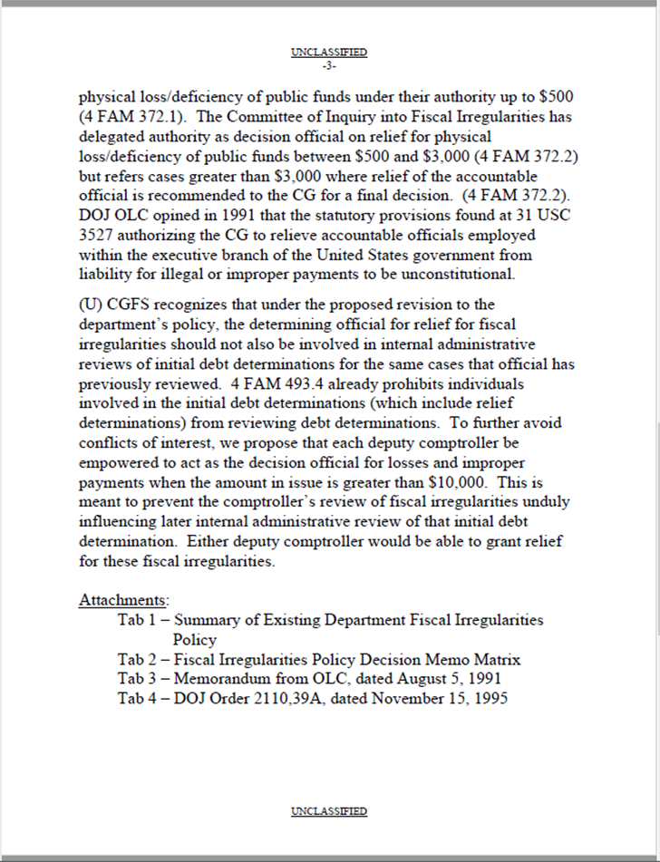 Action Memo for Under Secretary Bass (M) on Department Policy Concerning Relief of Accountable Officers
Page 3