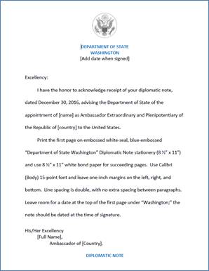 First Person Formal Note to Ambassador, foreign cabinet minister, or head of international organization with ambassadorial rank from the Department, page one of four