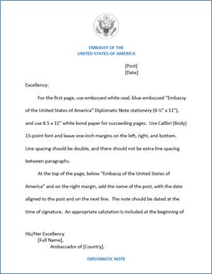 First Person Formal Note to Ambassador or Foreign Minister from the Embassy, page one of three