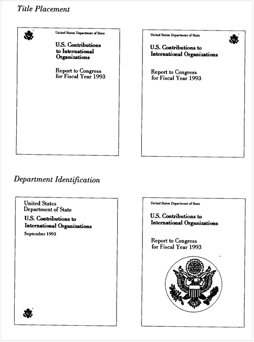 Shows an example of publication cover page typographic and layout variations, for title placement and Department identification.
