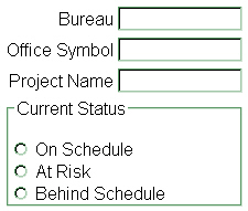 Three fill-in boxes, each labelled bureau, office symbol, and project name.
Current Status
Three radio buttons, one each of on schedule, at risk, and behind schedule.