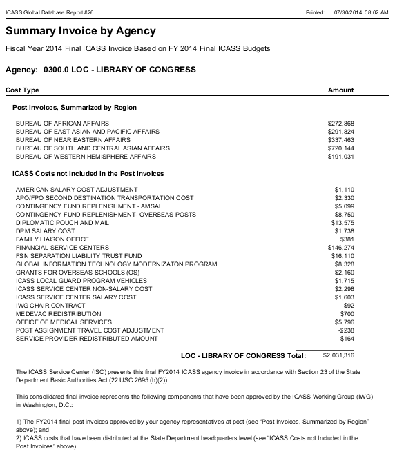 Title: ICASS Invoice Exhibit - Description: A sample of the ICASS agency invoice.  Describes various invoice prices