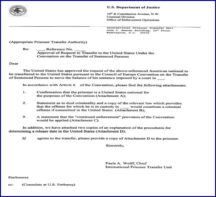 Example letter of Approval of Request to Transfer to the United States