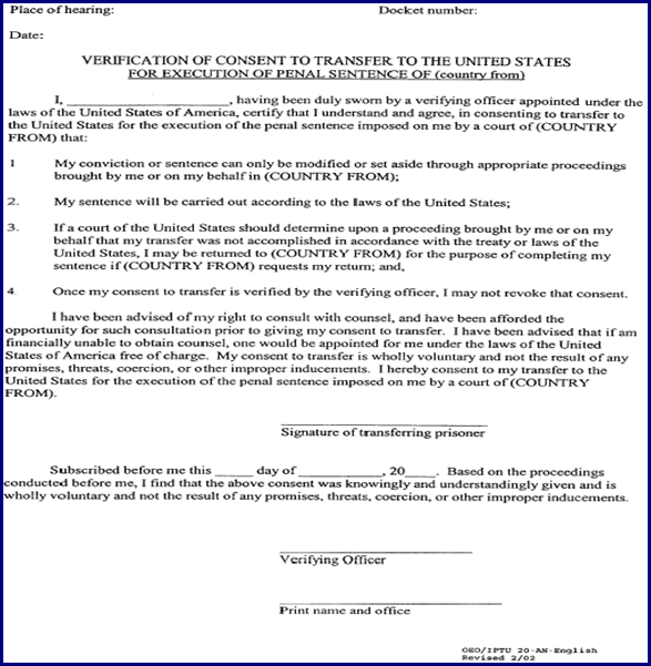 Title: Example of letter of Verification of Consent to Transfer to the United States for Execution of Penal Sentence - Description: Example of letter of Verification of Consent to Transfer to the United States for Execution of Penal Sentence