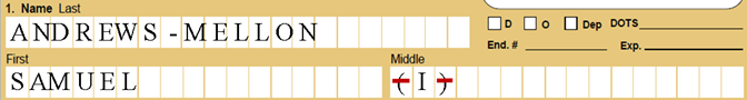 Crossing out parentheses in a name in block one.