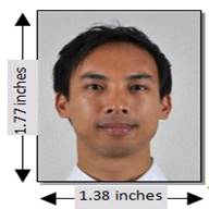 This photo is too small. The facial image must be no less than 1'' (about 2.54 cm.) and no more than 1 3/8" (about 3.5 cm.). 