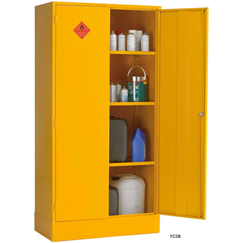 Title: Hazardous Storage Cabinet - Description: Storage cabinet showing hazardous liquids and other substances within.