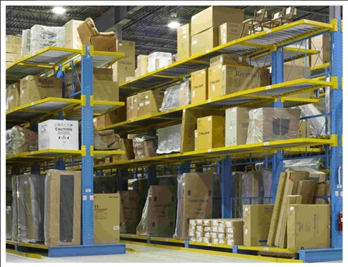 Title: Cantilevered Racks - Description: Image of cantilevered racks filled with boxes of items.