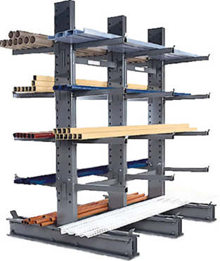 Title: Cantilevered Racks - Description: Cantelevered racks filled with horizontally stacked items.
